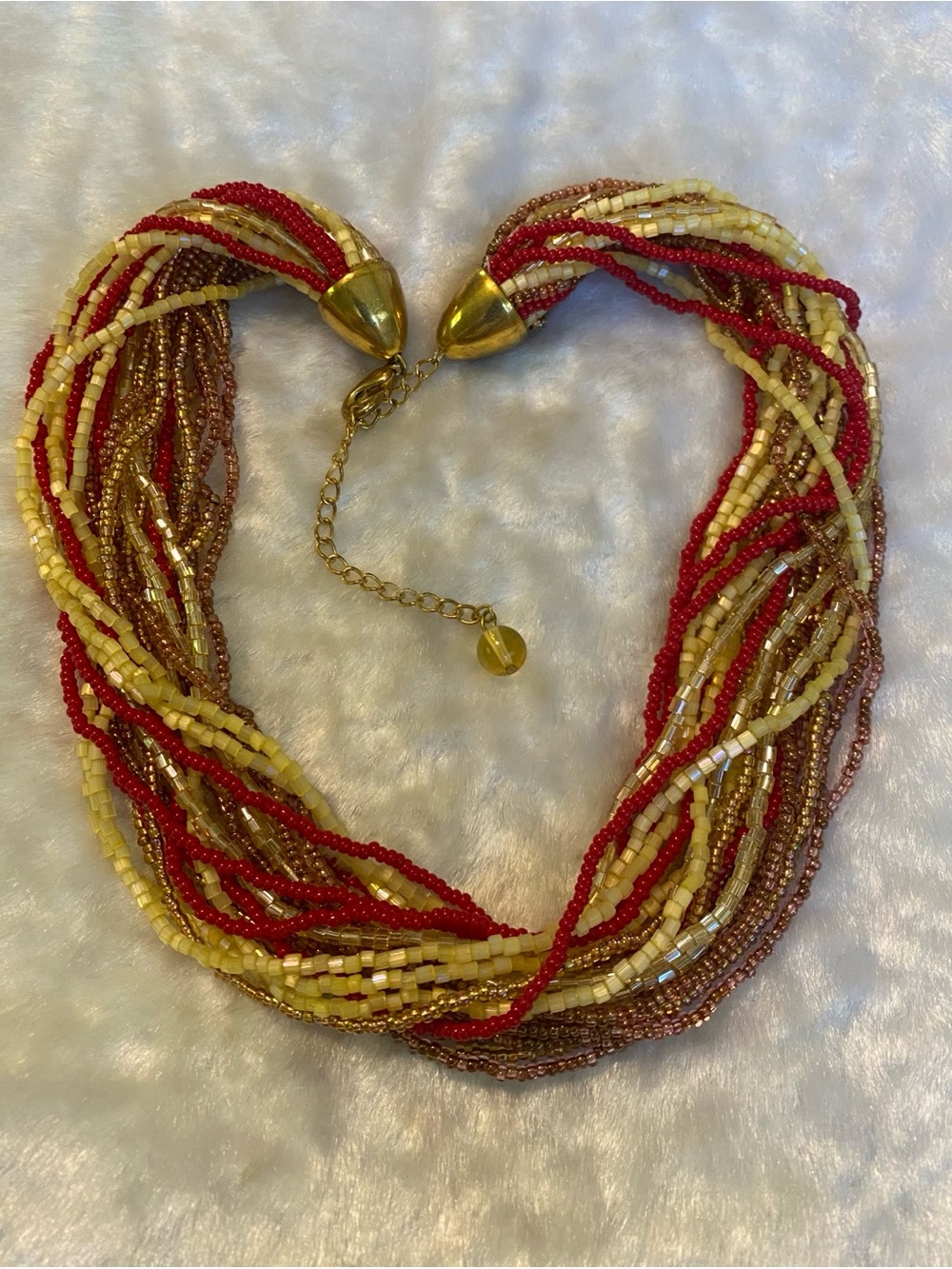 🍀VTG 24 Stand Glass Seed Bead Necklace in Red, Yellow & Gold